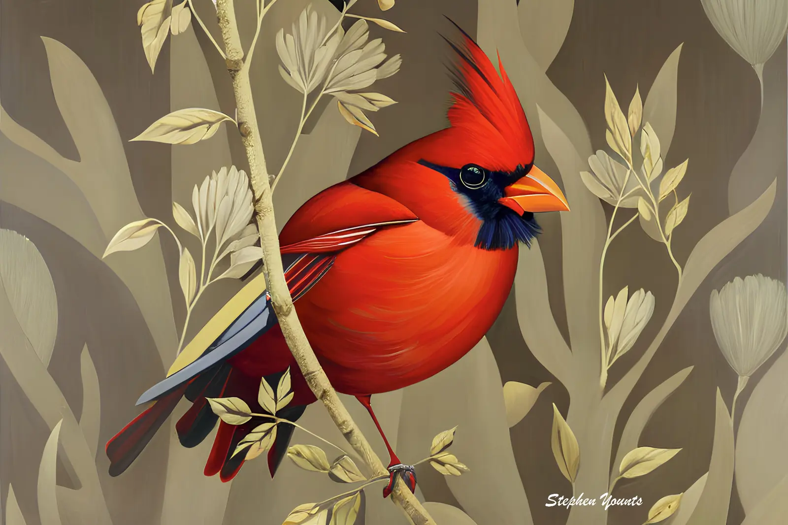 Red Cardinal Among Botanical Leaves by Stephen Younts