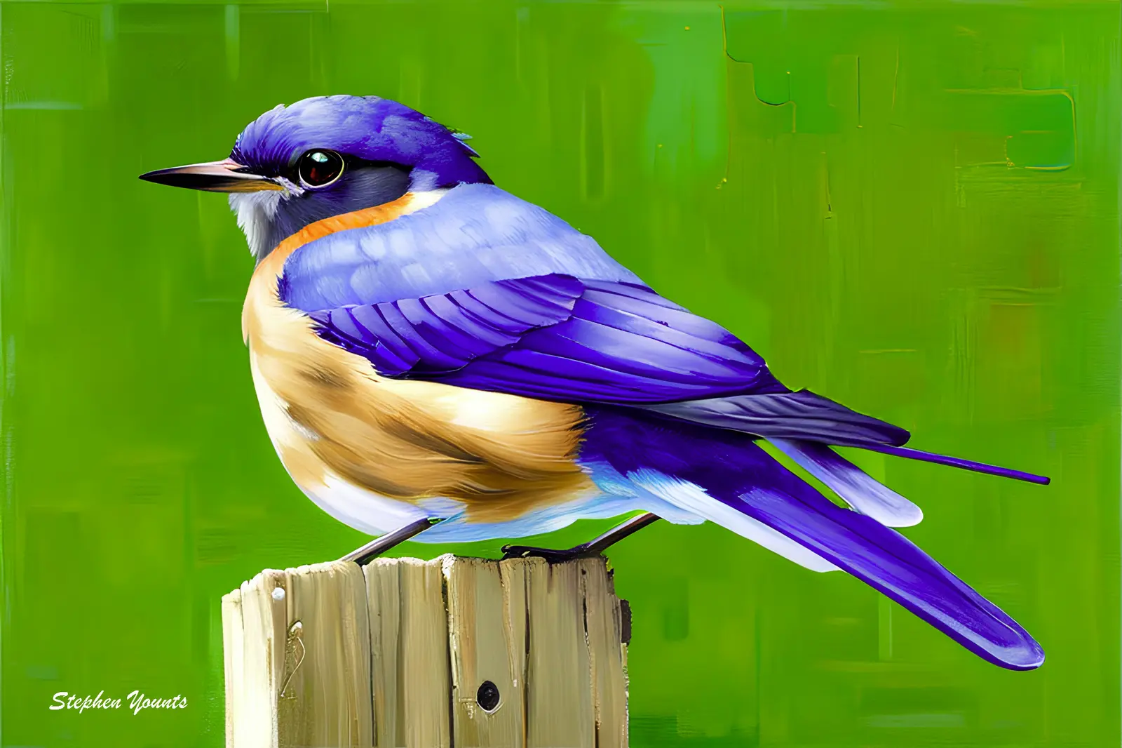 Vibrant bluebird artwork evolved from an original photograph by Stephen Younts
